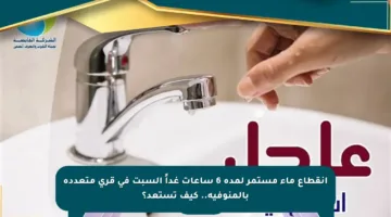 انقطاع ماء مستمر لمدة 6 ساعات غداً السبت في قرى متعددة بالمنوفية.. كيف تستعد؟